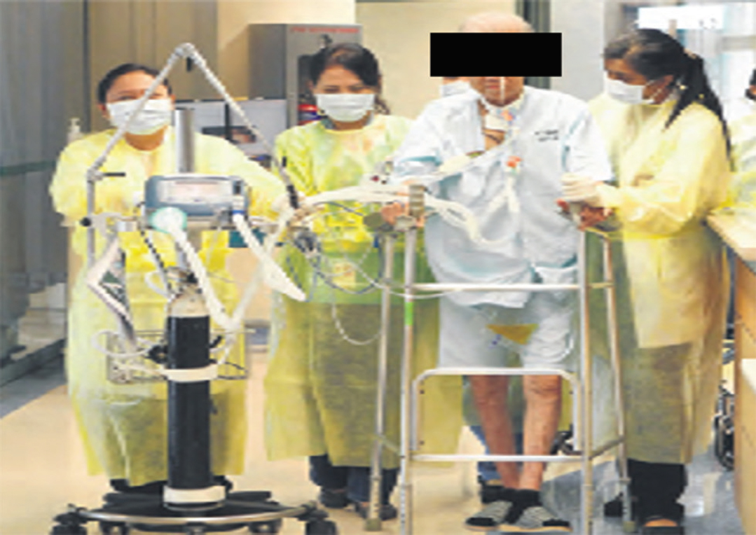 Mobilization (standing and walking) with walking aid in intensive care unit.