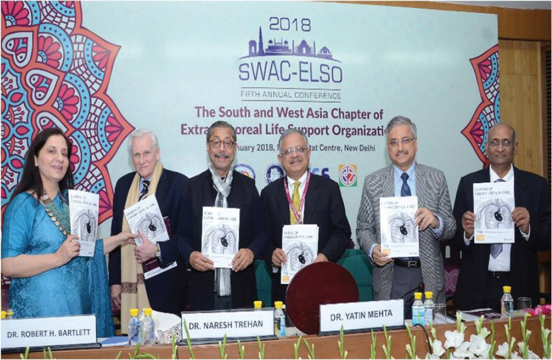  Inauguration of 2nd issue of Journal of Cardiac Critical Care at 2018 SWAC ELSO conference in New Delhi. From left to right: Prof. Poonam Malhotra Kapoor, Prof. A.I.I.M.S., New Delhi, Dept. Cardiac Anesthesia; Dr. Robert Bartlett, Prof. of Surgery, University of Michigan Medical Center; Dr. Naresh Trehan, Chairman and Managing Director Medanta; Dr. Yatin Mehta, Chairman, Dept. of Anesthesiology and Critical Care, Medanta; Prof. Randeep Guleria, Director A.I.I.M.S., New Delhi; and Prof. Balram Airan, exDean A.I.I.M.S., New Delhi. A.I.I.M.S., All India Institute of Medial Sciences; SWAC ELSO, South and West Asia Chapter of Extracorporeal Life Support Organization.