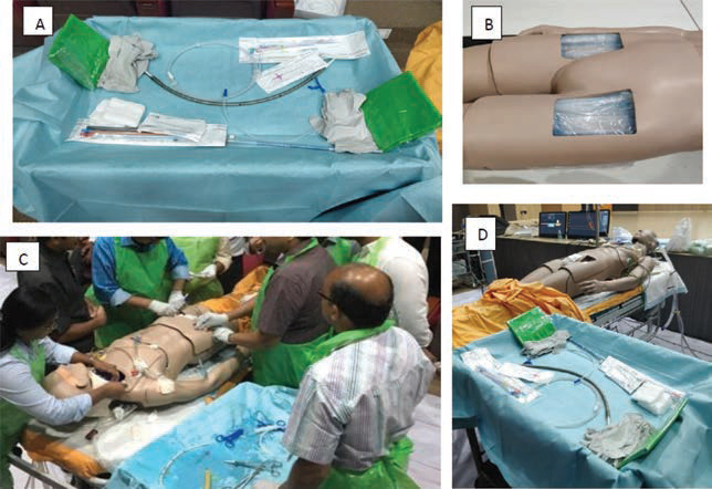 (A) Cannulation tray set up for task trainer. (B) Cannulation access on the mannequin. (C) Cannulation in practice. (D) The full setup.