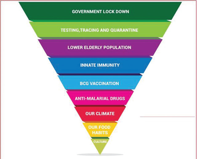 Pyramid showing the possible reasons for low-death rate in India.