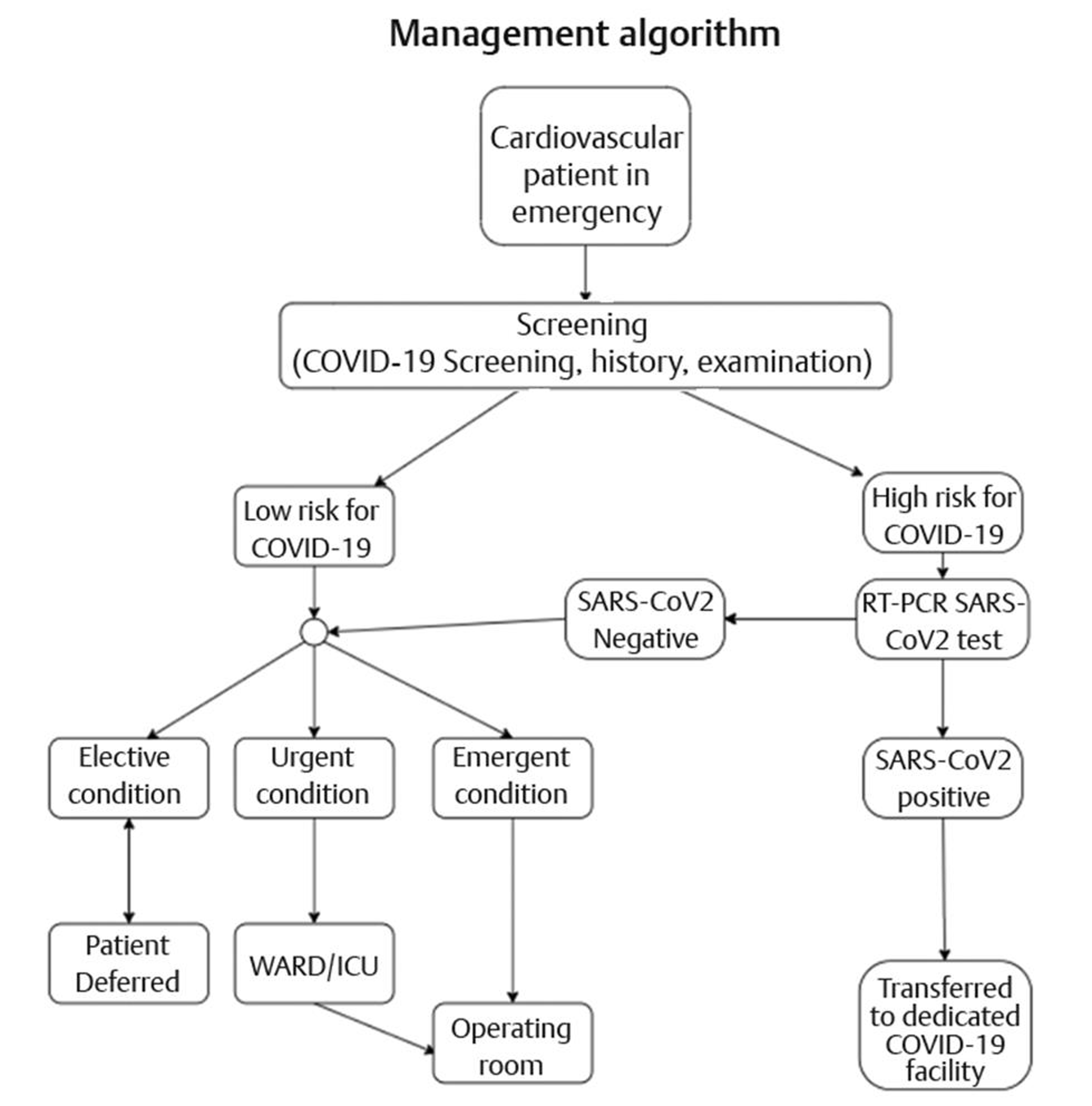 The working algorithm. COVID-19, coronavirus disease 2019; ICU, intensive care unit; RT-PCR, reverse transcriptase polymerase chain reaction; SARS-CoV2, severe acute respiratory syndrome coronavirus 2.