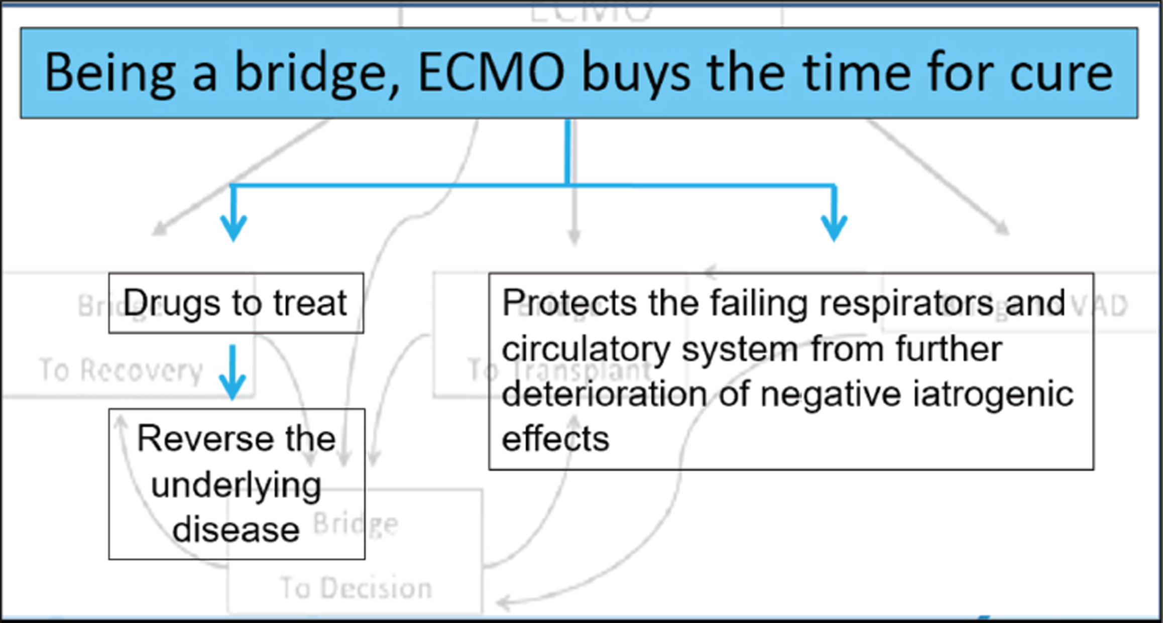 Being a bridge, extracorporeal membrane oxygenation (ECMO) buys the time for cure.