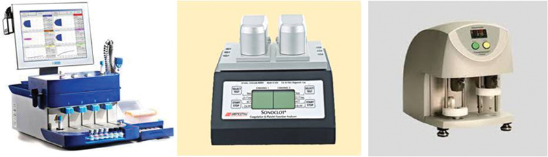 (A) Platelet aggregometry using rotational thromboelastometry; (B) platelet aggregometry using Sonoclot; (C) platelet aggregometry using thromboelastography.