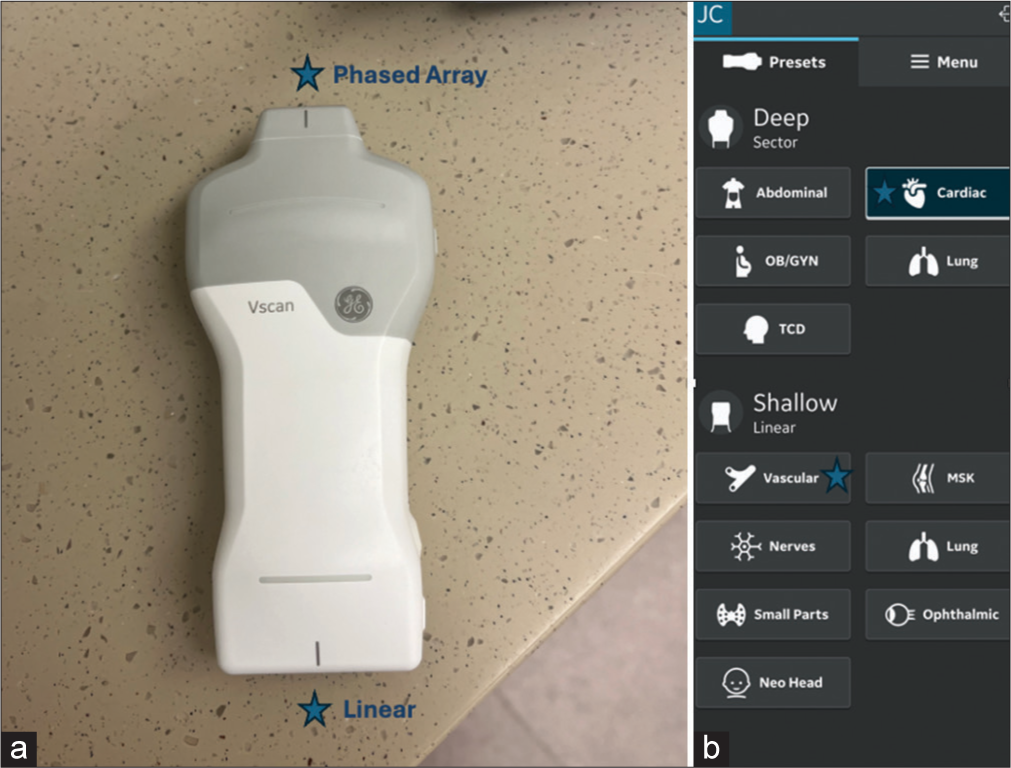 (a) Image of dual transducer portable handheld device demonstrating phased array and linear transducers. (b) Image of a display screen for a device from a cellular phone.